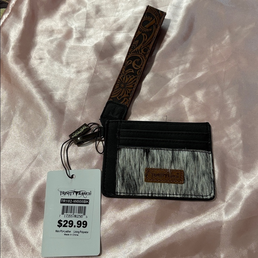 Trinity Ranch Cowhide Black Leather Wristlet Card Holder with Tooled Strap